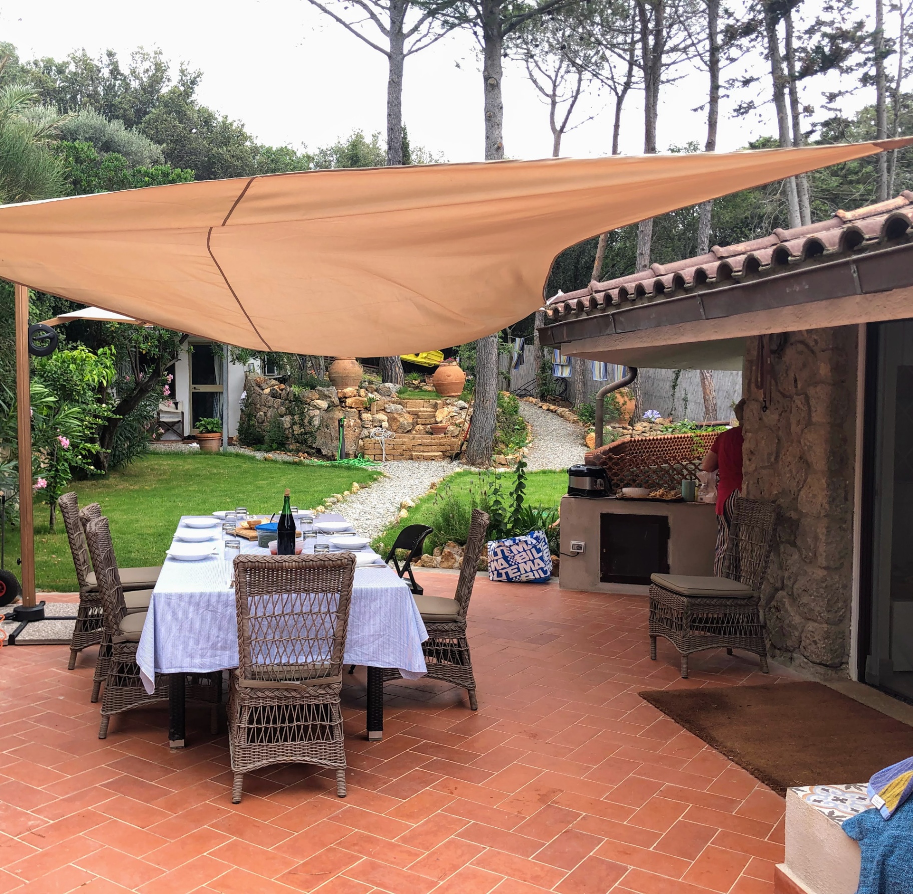 Stone terrace with sea view at Casa Gelsomino Maremma villa rental